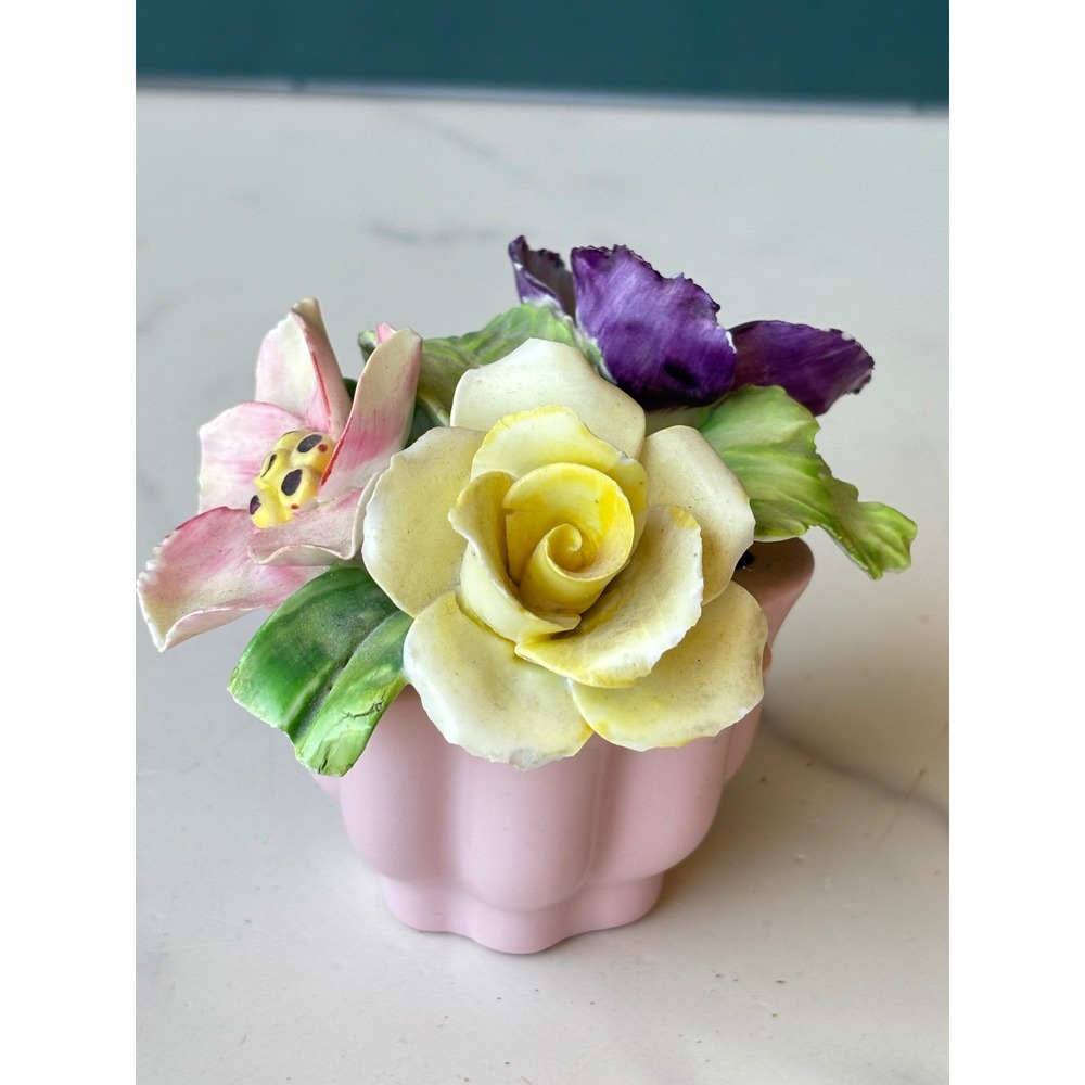 Vintage Staffordshire Bone China Floral Arrangement Miniature Pink Pot Rose